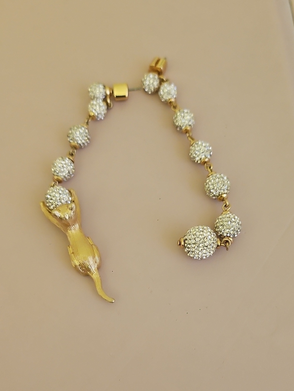 Gold Cat Charm Earrings with Crystal Pave Beads. Vintage